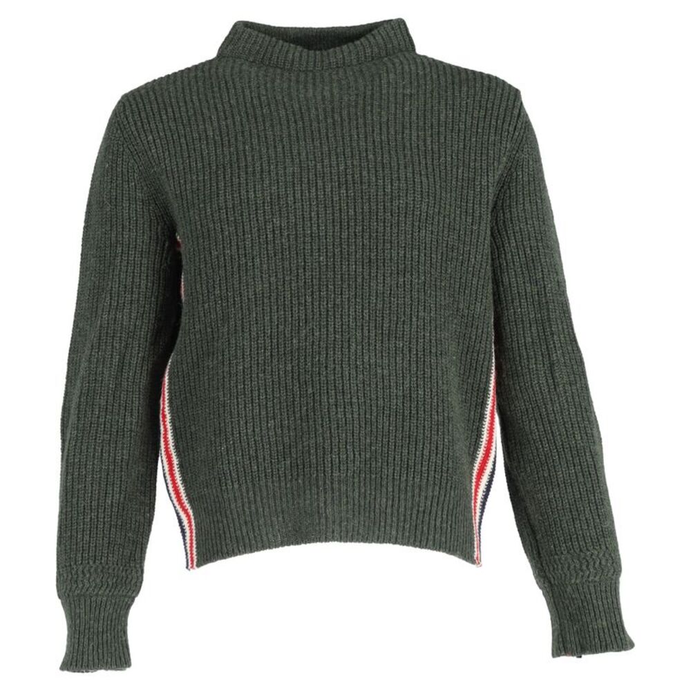 Thom Browne Ribbed-Knit Mock Neck Sweater in Green Wool